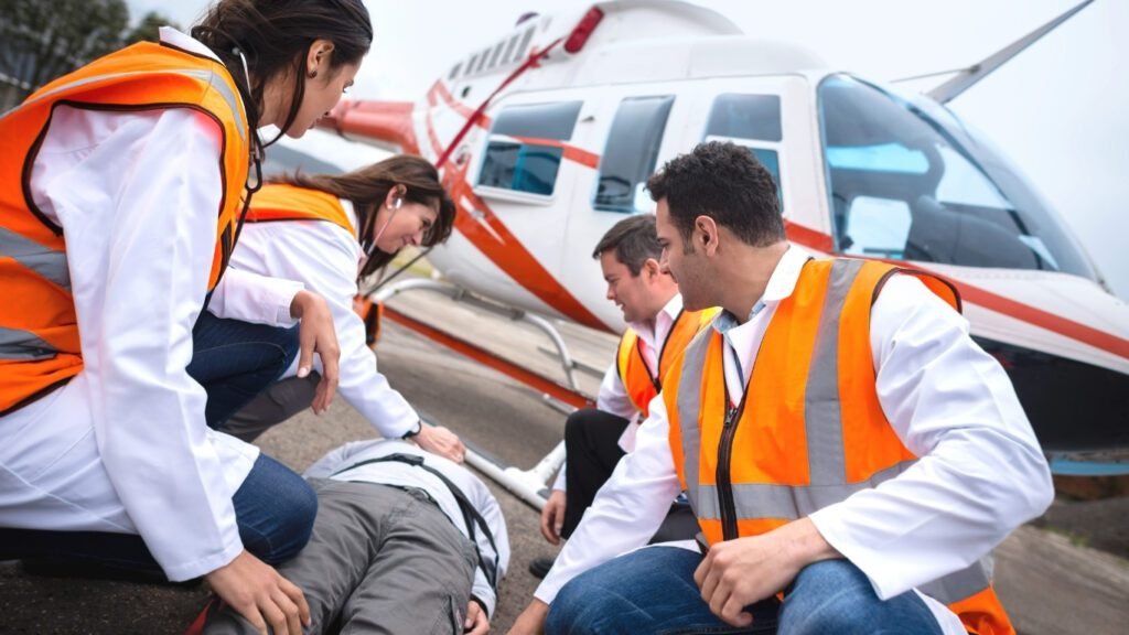 Air ambulance aircraft in flight, equipped with advanced medical equipment, providing critical care during emergency medical transfers. A team of medical professionals attending to a patient inside the air ambulance, ensuring safe and timely transportation to a hospital.